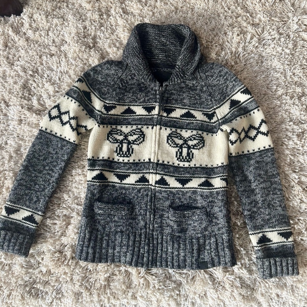 TNA Gray and Cream Fair Isle Zip Cardigan Sweater